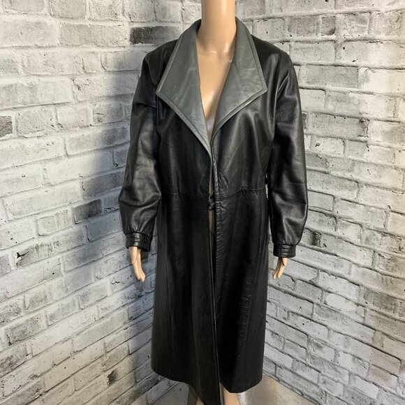 Vintage 70s Leather Maxi Trench Coat Small Black Belted Retro Long Overcoat - Picture 2 of 16